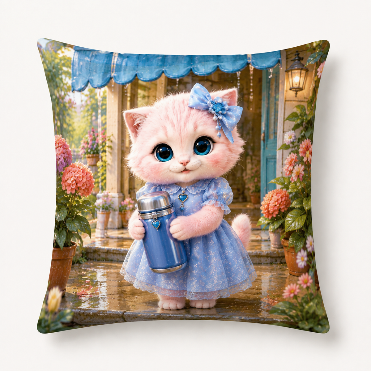 Warm Cocoa Stoop Arrival throw pillow front view with Pink Kitten — The Fluffy Fam