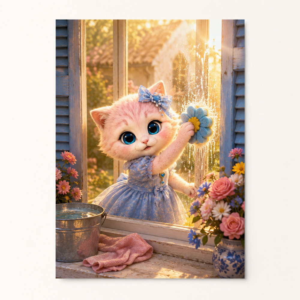 Cloudbreak Window Wash art print front view with Pink Kitten — The Fluffy Fam