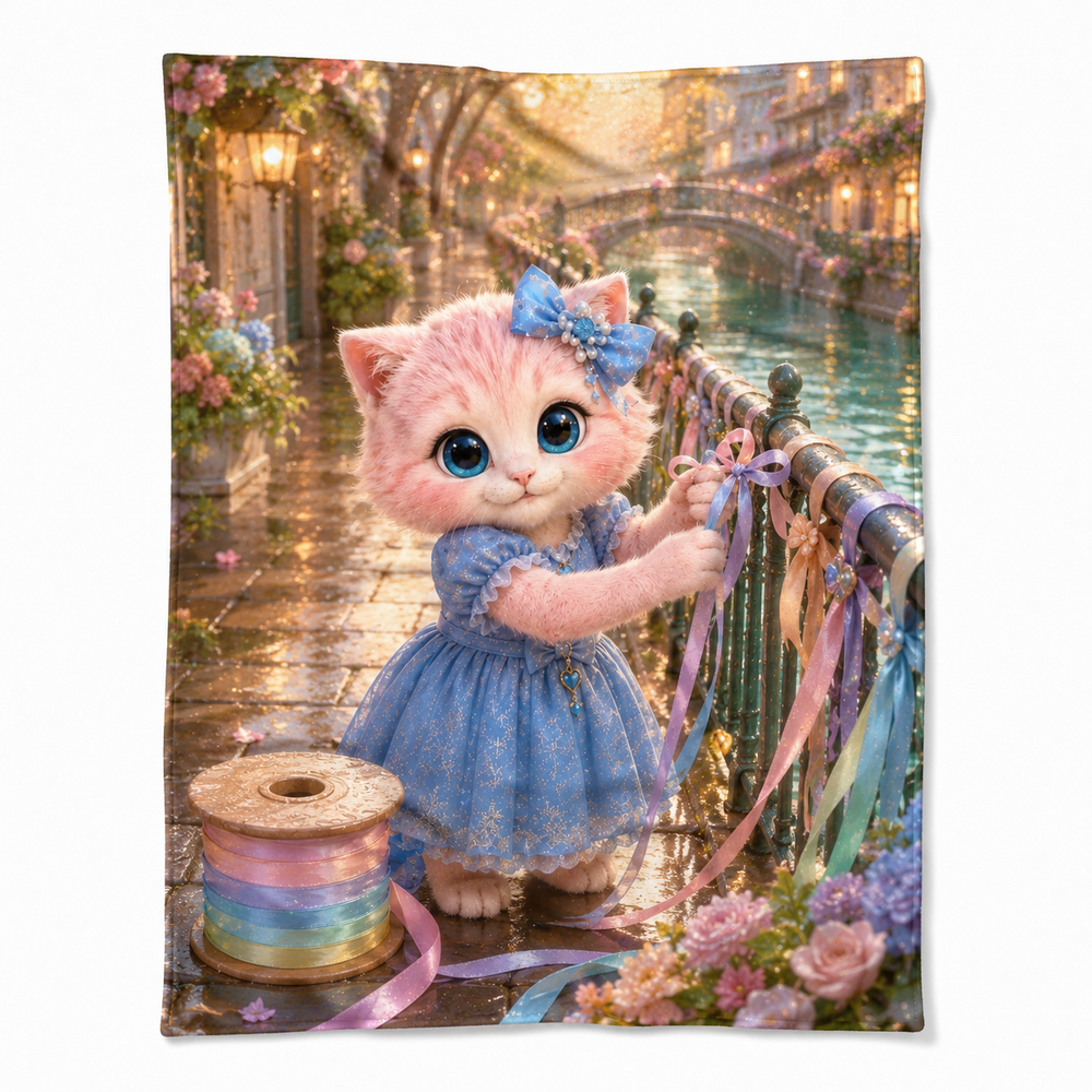 Rainbow Ribbon Railing fleece blanket front view with Pink Kitten — The Fluffy Fam