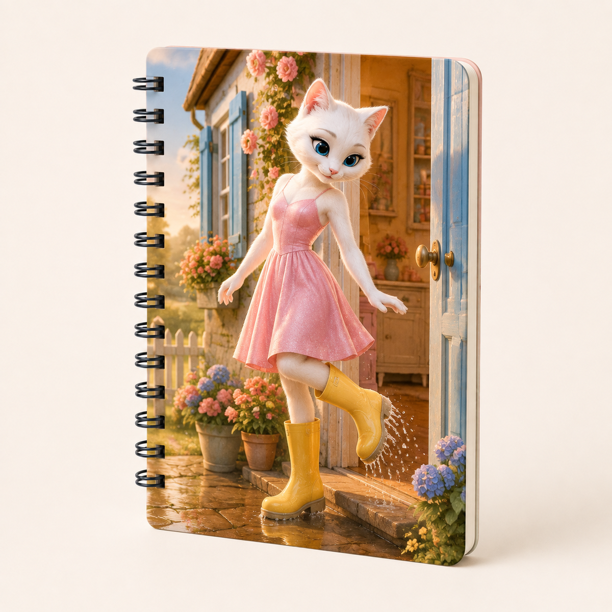 Sunshower Boot Shake notebook cover front view with Mom Cat — The Fluffy Fam