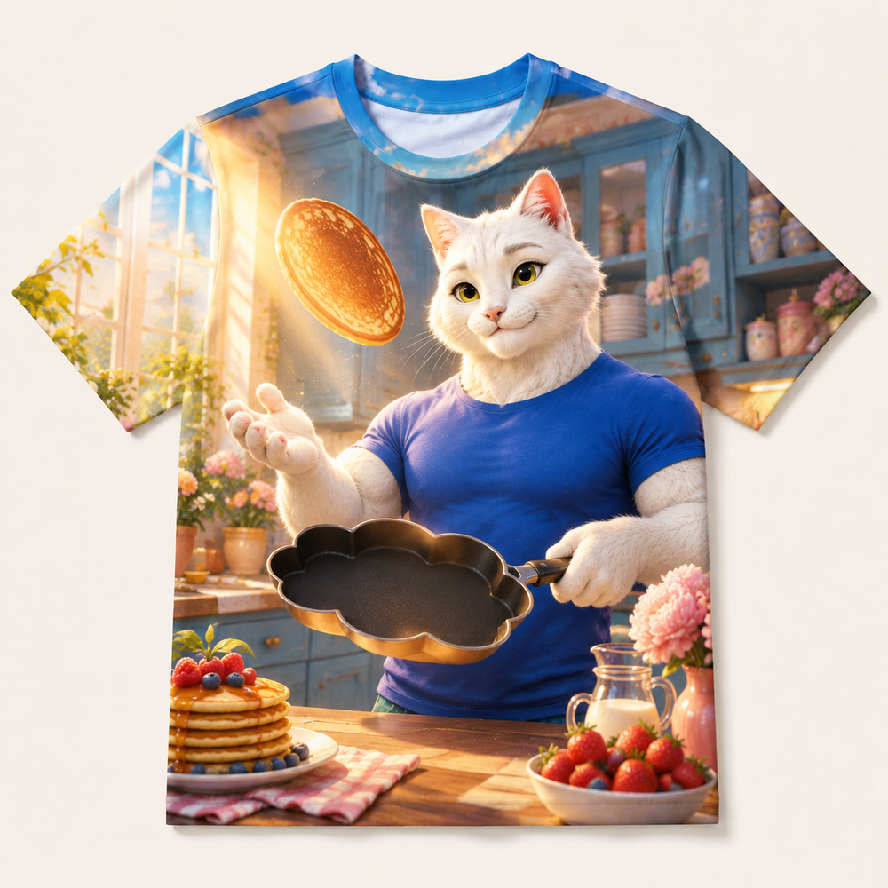 Pancake Flip Cheer all-over print T-shirt front view with Dad Cat — The Fluffy Fam
