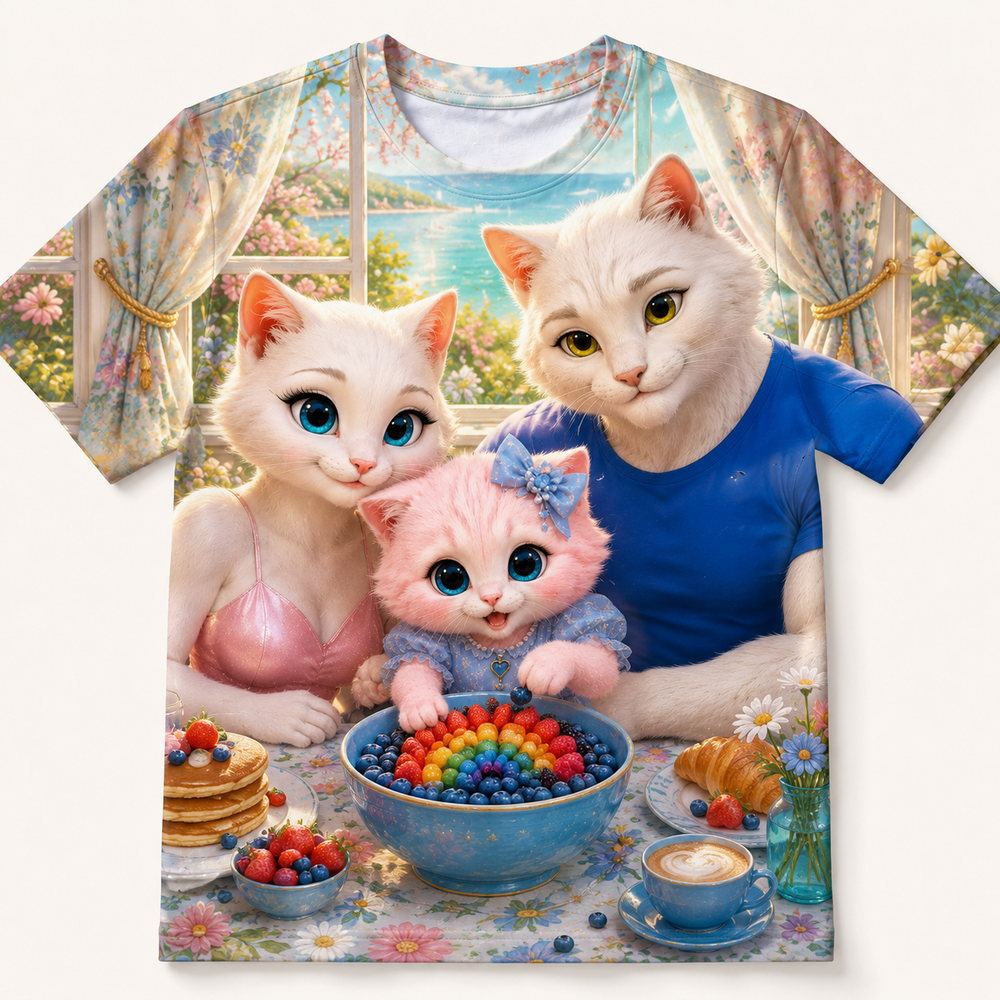 Berry Bowl Morning all-over print T-shirt front view with the whole cat family — The Fluffy Fam