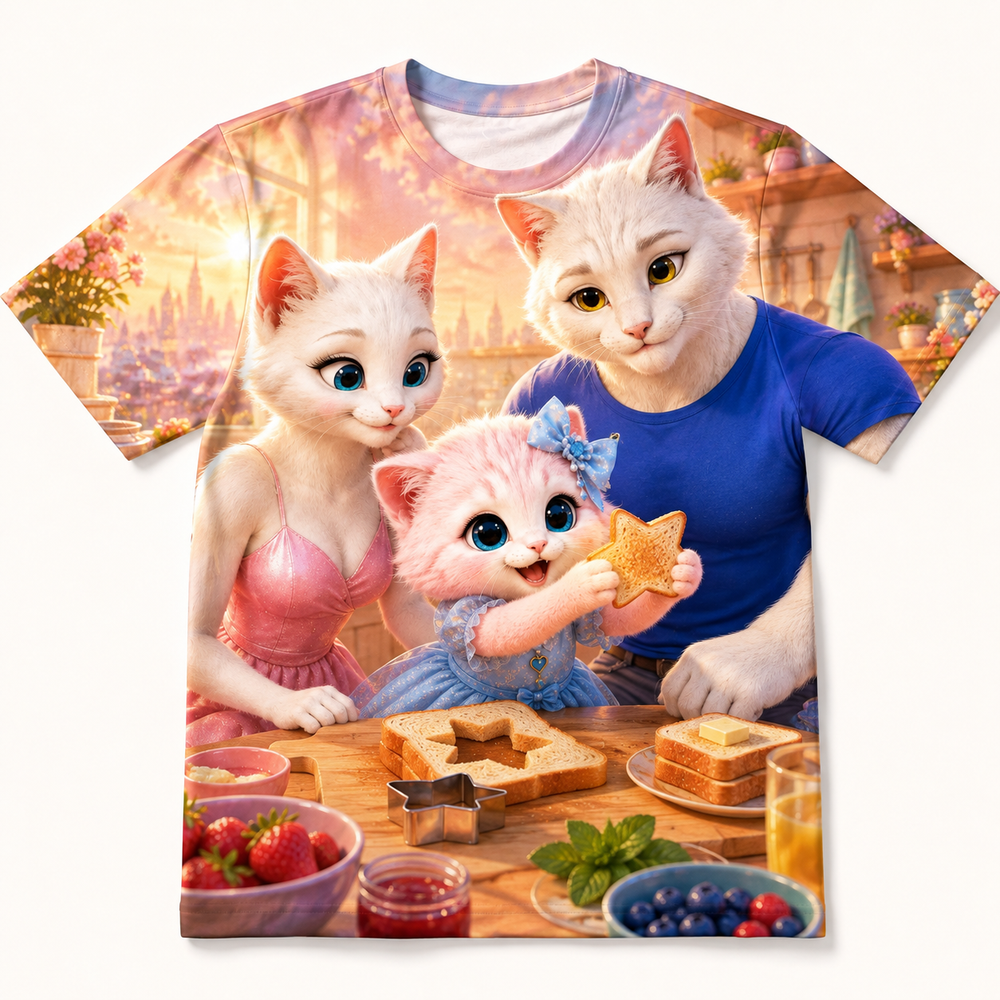 Toast Star Surprise all-over print T-shirt front view with the whole cat family — The Fluffy Fam