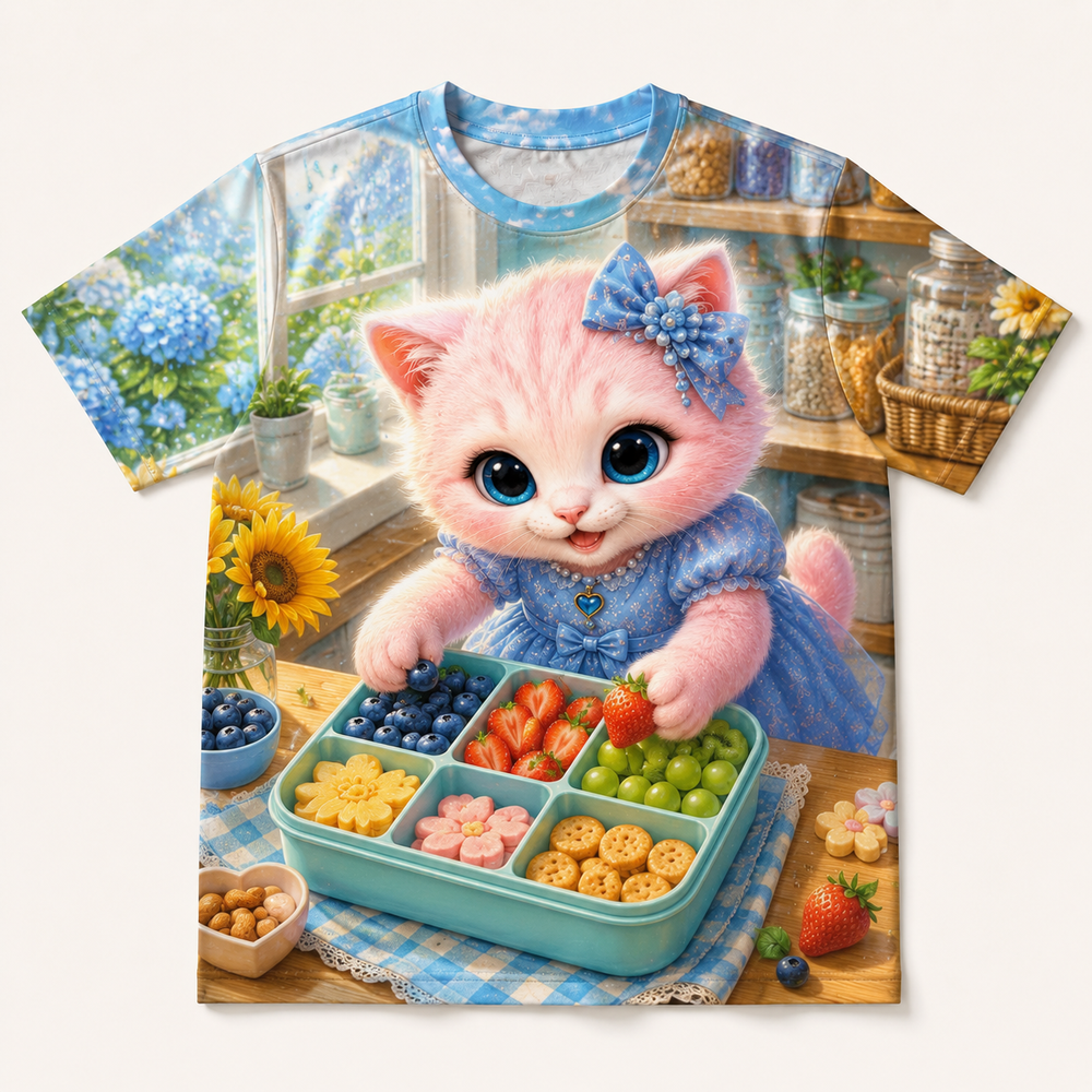Lunchbox Color Pack all-over print T-shirt front view with Pink Kitten — The Fluffy Fam