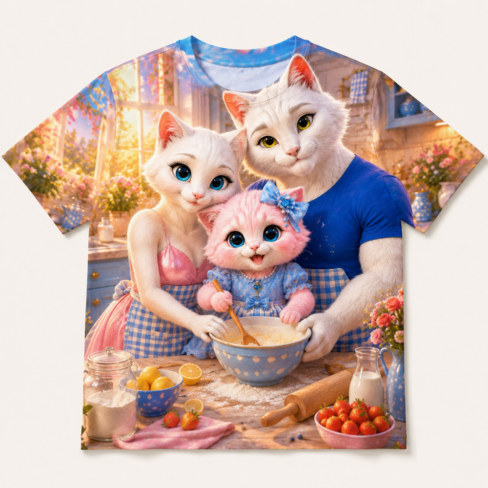 Apron Bow Lesson all-over print T-shirt front view with the whole cat family — The Fluffy Fam
