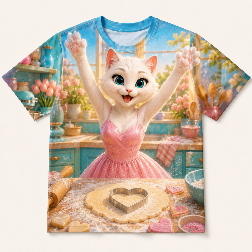 Cookie Dough High-Five all-over print T-shirt front view with Mom Cat — The Fluffy Fam