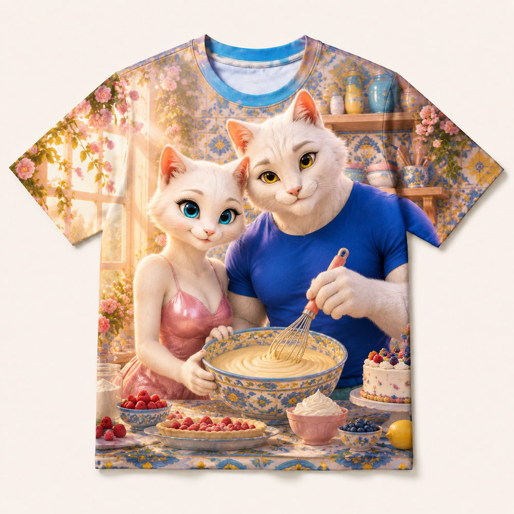 Whisk Swirl Magic all-over print T-shirt front view with Dad Cat and Mom Cat — The Fluffy Fam