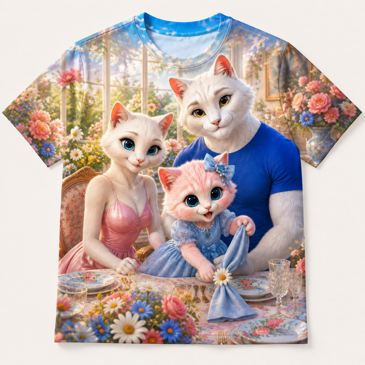 Table-Setting Dance all-over print T-shirt front view with the whole cat family — The Fluffy Fam