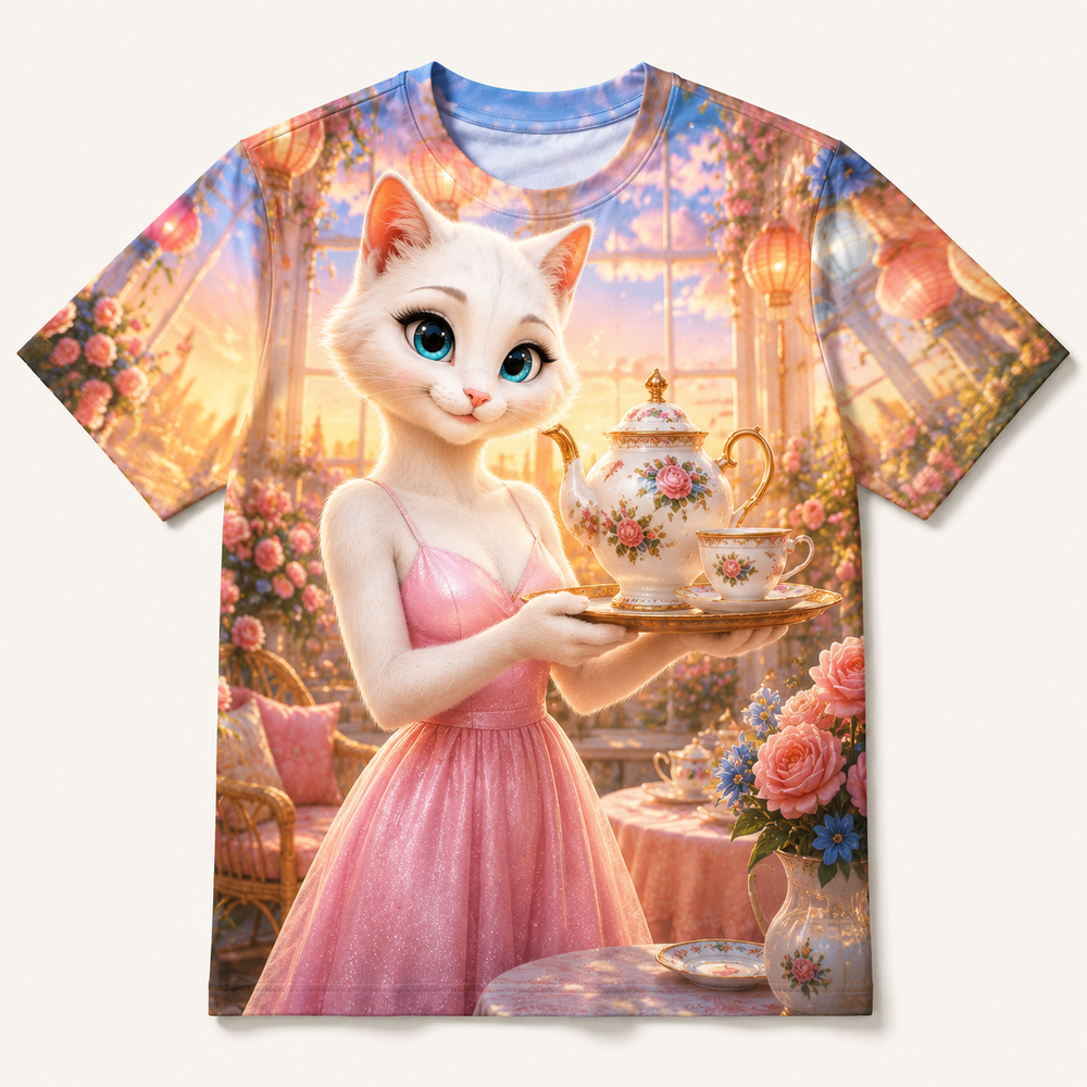 Sunroom Tea Tray all-over print T-shirt front view with Mom Cat — The Fluffy Fam