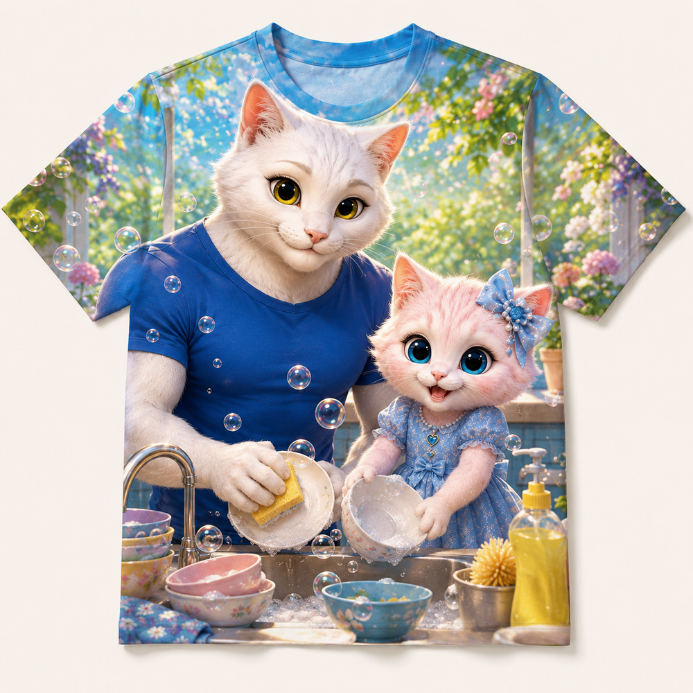 Dish Bubble Rainbow all-over print T-shirt front view with Dad Cat and Pink Kitten — The Fluffy Fam