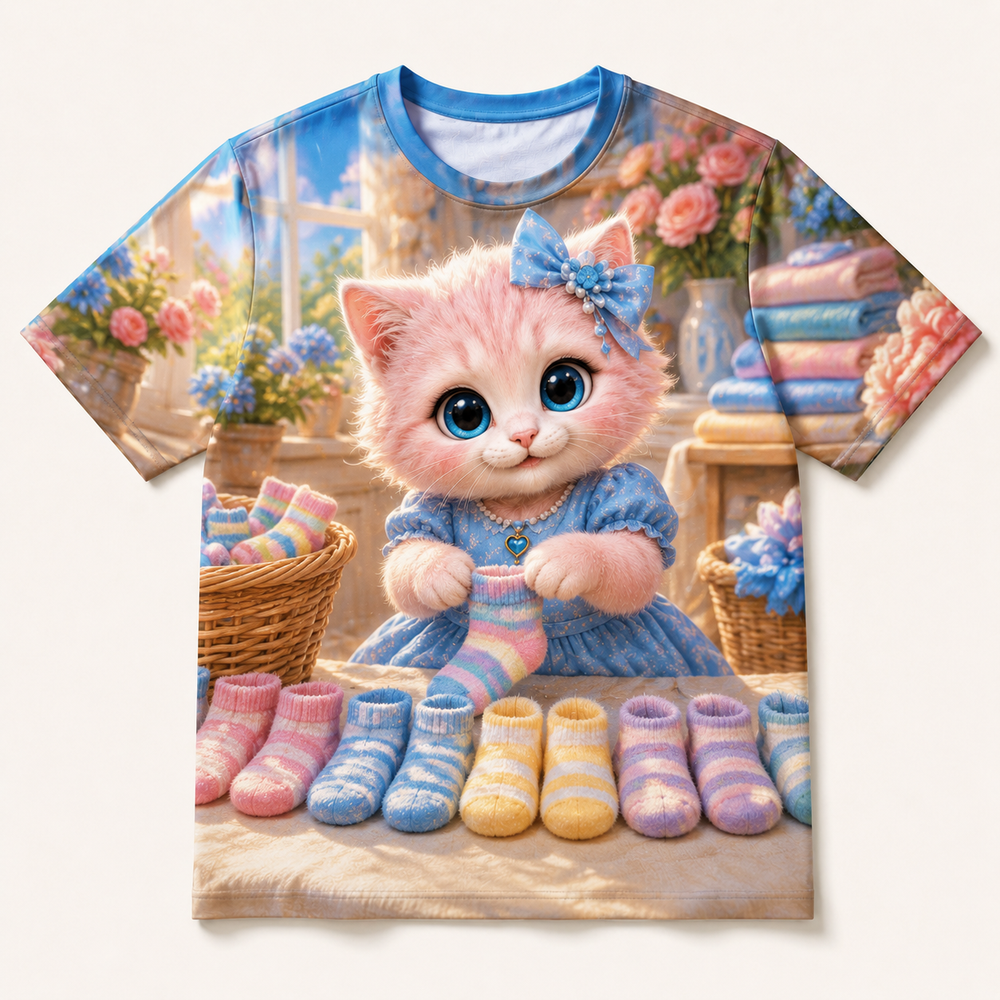 Sock Match Morning all-over print T-shirt front view with Pink Kitten — The Fluffy Fam