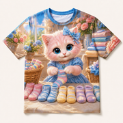 Sock Match Morning all-over print T-shirt front view with Pink Kitten — The Fluffy Fam