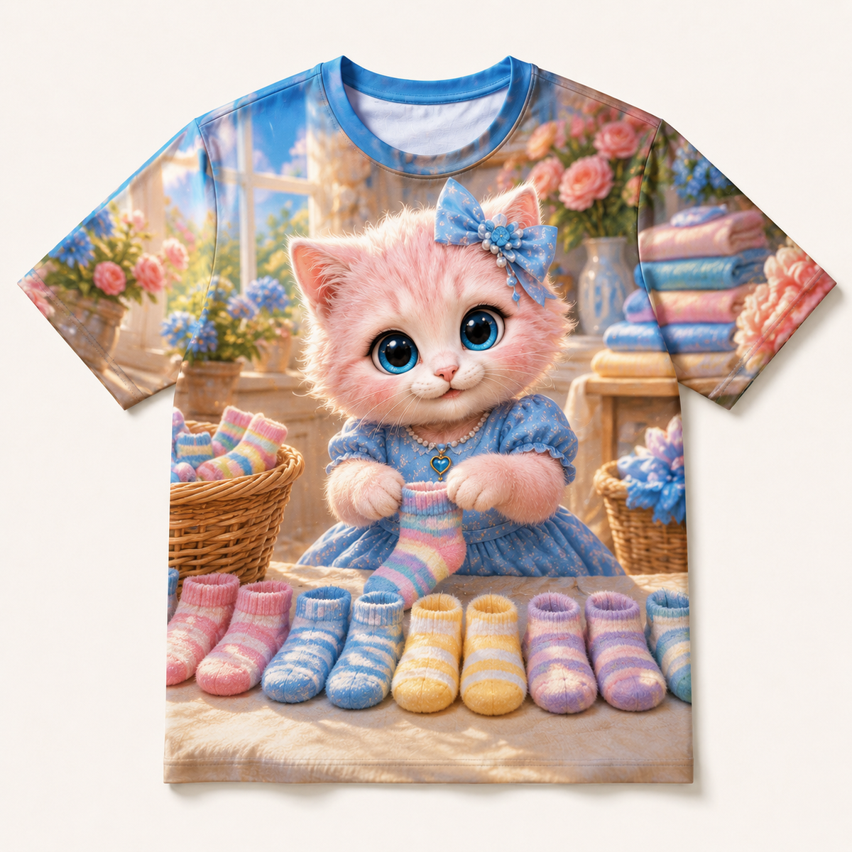 Sock Match Morning all-over print T-shirt front view with Pink Kitten — The Fluffy Fam