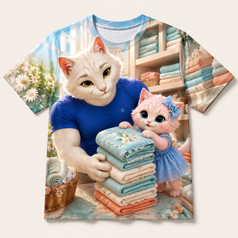 Towel Stack Tower all-over print T-shirt front view with Dad Cat and Pink Kitten — The Fluffy Fam