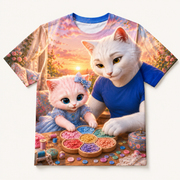 Button Rainbow Sort all-over print T-shirt front view with Dad Cat and Pink Kitten — The Fluffy Fam