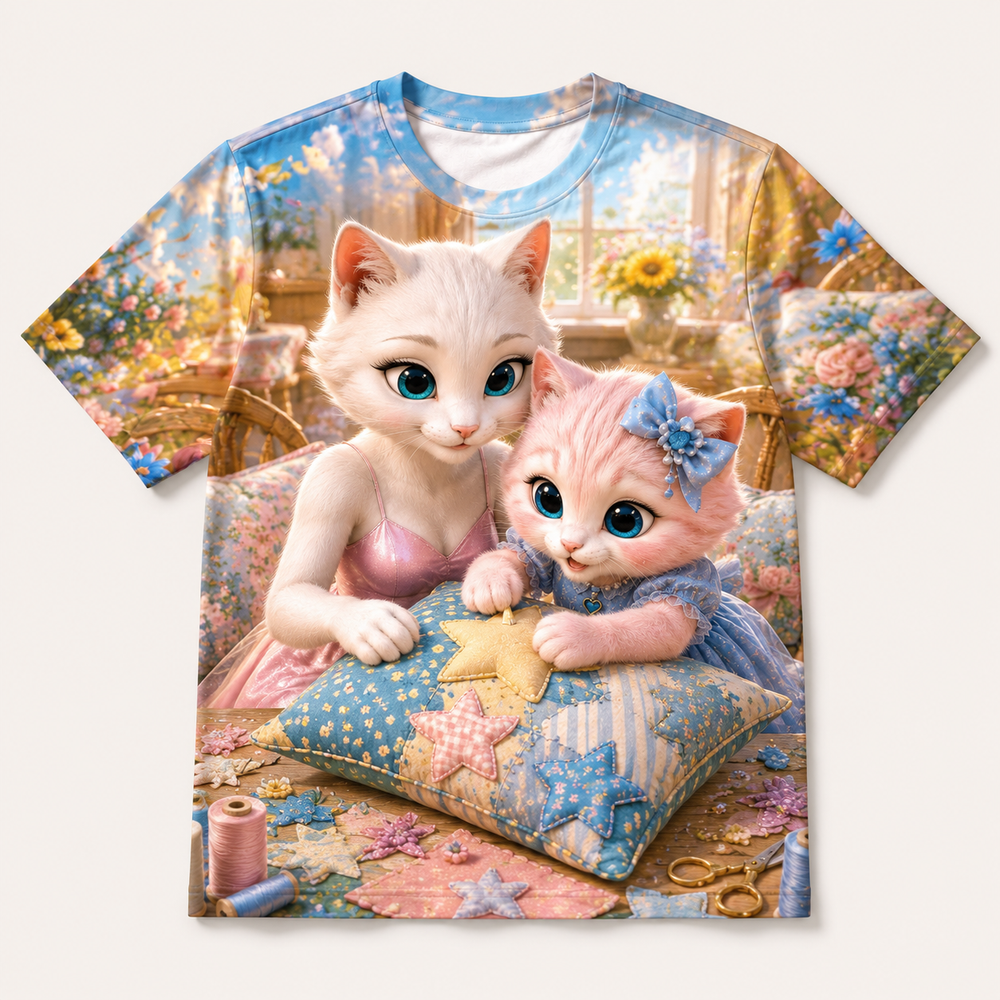 Patchwork Pillow Finish all-over print T-shirt front view with Mom Cat and Pink Kitten — The Fluffy Fam