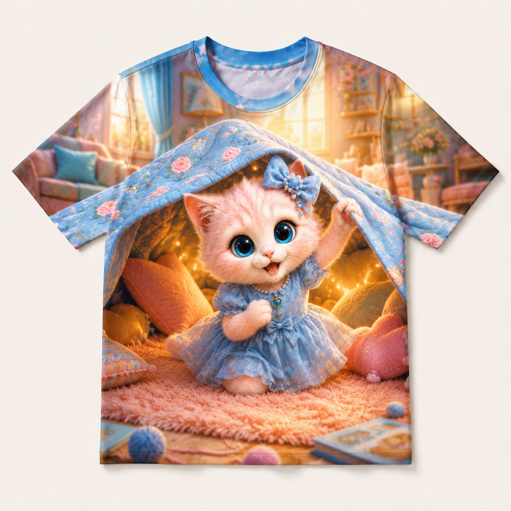 Blanket Fort Peek all-over print T-shirt front view with Pink Kitten — The Fluffy Fam