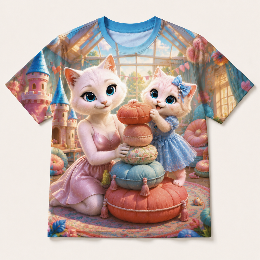 Cushion Castle Crown all-over print T-shirt front view with Mom Cat and Pink Kitten — The Fluffy Fam