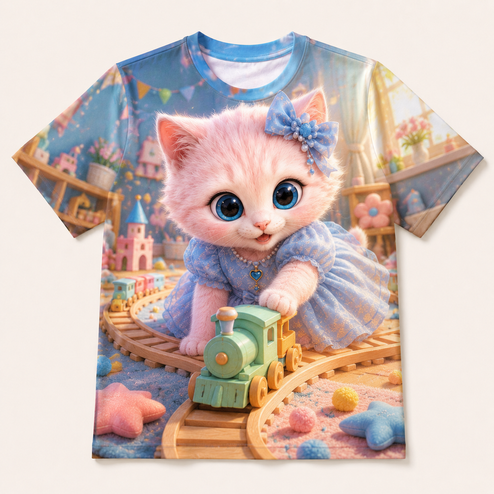 Toy Train Turn all-over print T-shirt front view with Pink Kitten — The Fluffy Fam