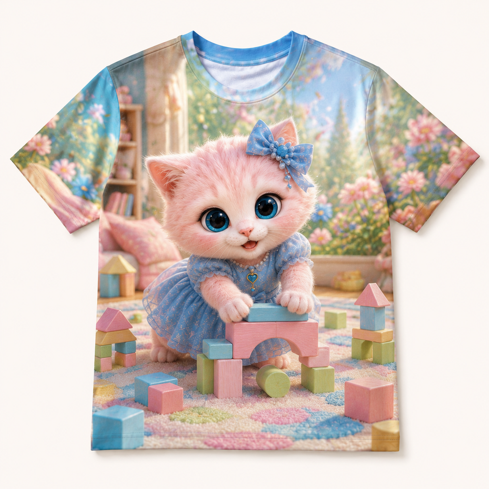 Block Rainbow Bridge all-over print T-shirt front view with Pink Kitten — The Fluffy Fam