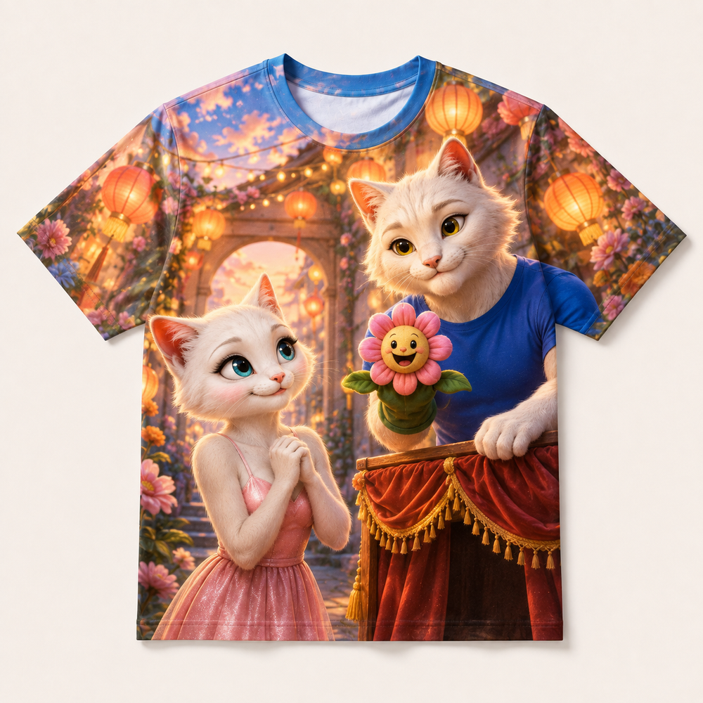 Flower Puppet Bow all-over print T-shirt front view with Dad Cat and Mom Cat — The Fluffy Fam