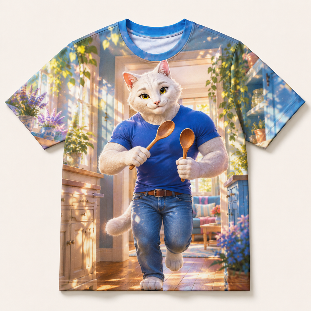 Wooden Spoon Parade all-over print T-shirt front view with Dad Cat — The Fluffy Fam