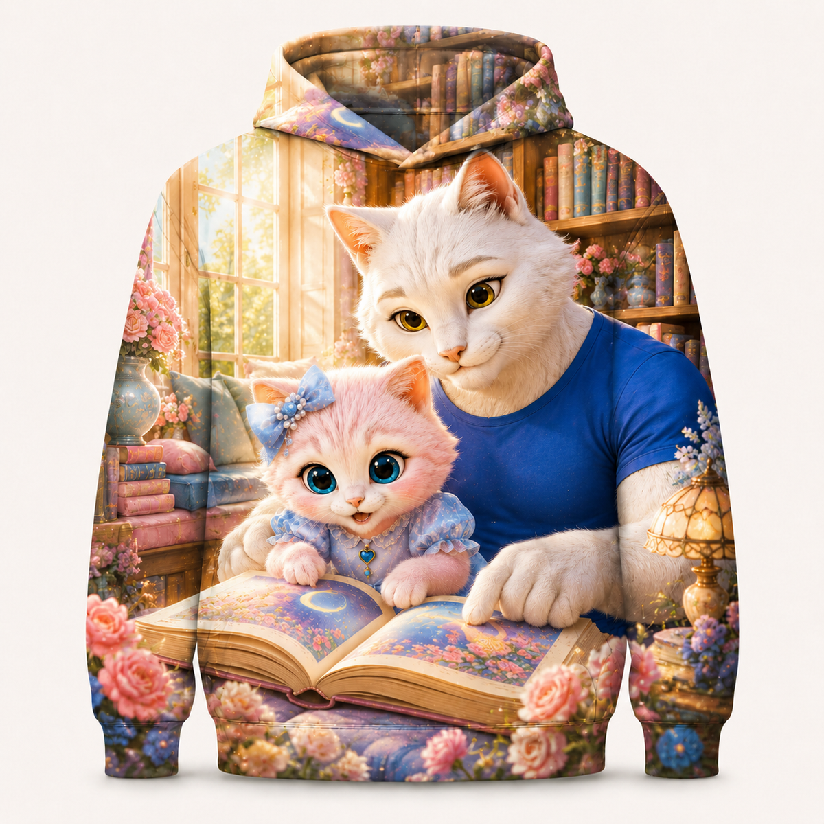 Illustrated Album Snuggle all-over print hoodie front view with Dad Cat and Pink Kitten — The Fluffy Fam
