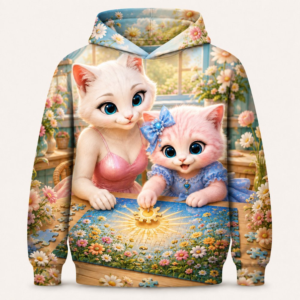 Puzzle Piece Triumph all-over print hoodie front view with Mom Cat and Pink Kitten — The Fluffy Fam