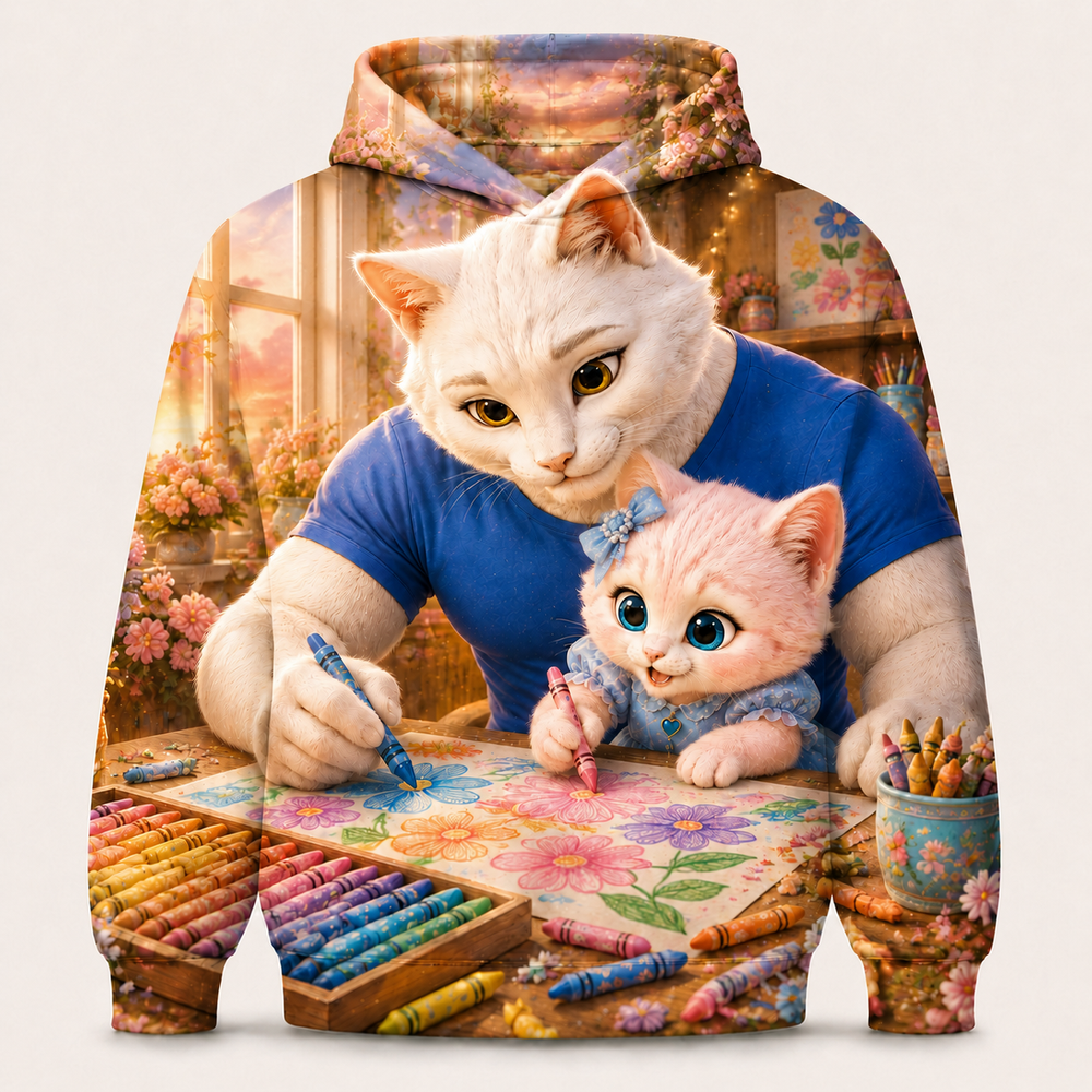 Crayon Garden Morning all-over print hoodie front view with Dad Cat and Pink Kitten — The Fluffy Fam