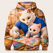 Crayon Garden Morning all-over print hoodie front view with Dad Cat and Pink Kitten — The Fluffy Fam