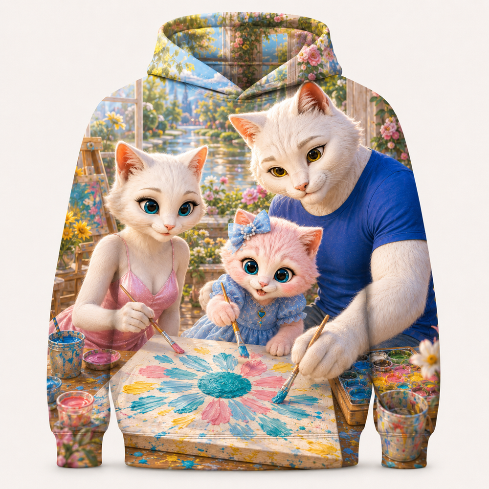 Finger-Paint Bloom all-over print hoodie front view with the whole cat family — The Fluffy Fam