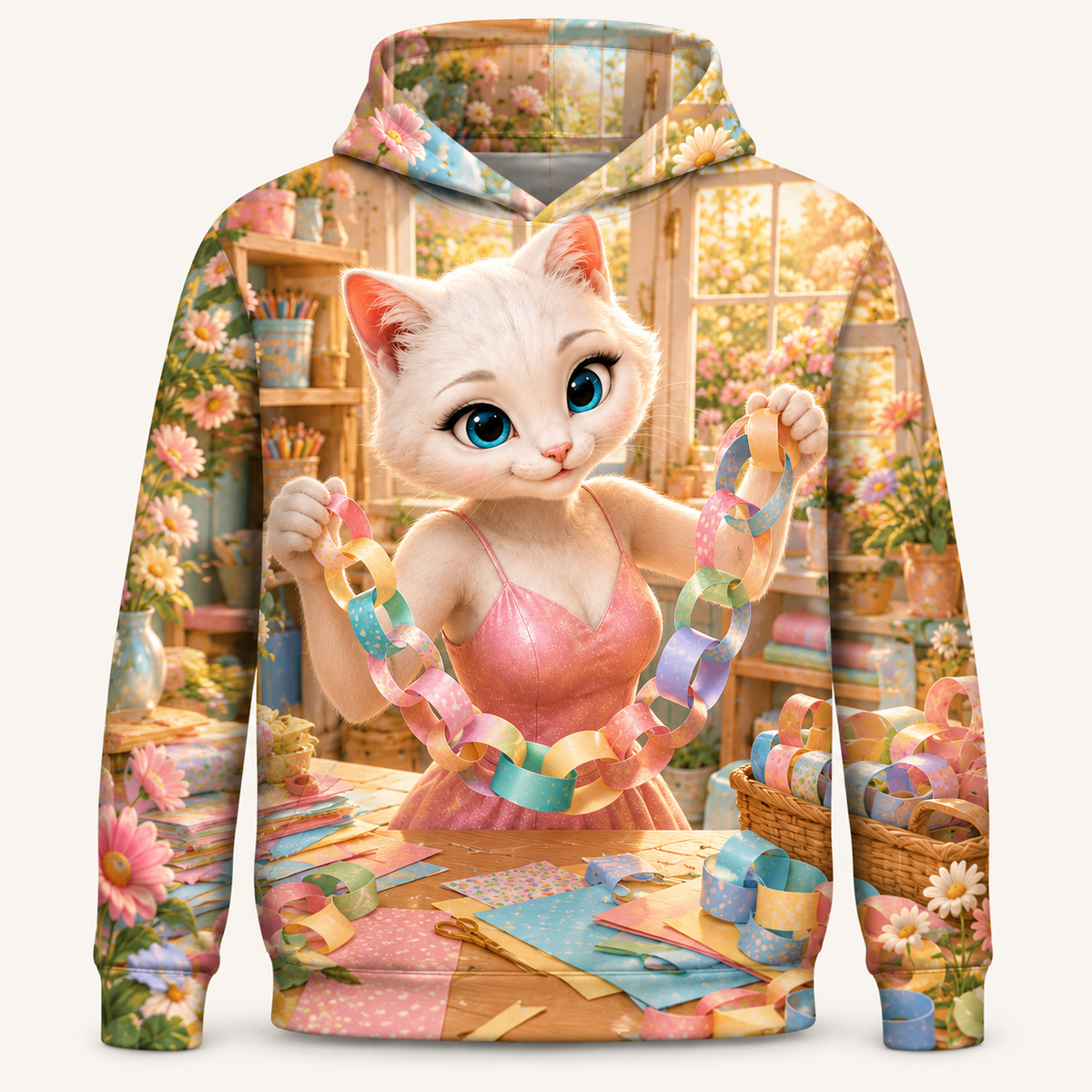 Paper Chain Circle all-over print hoodie front view with Mom Cat — The Fluffy Fam