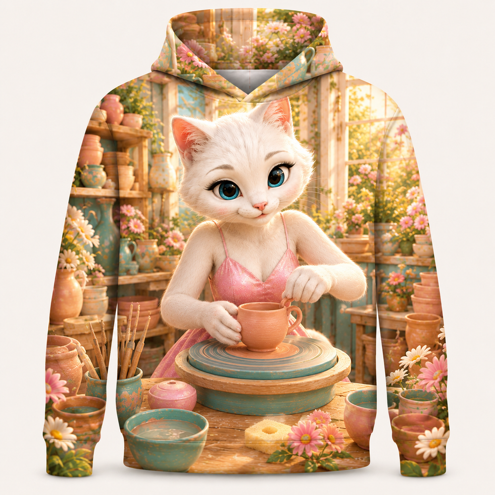Clay Teacup Make all-over print hoodie front view with Mom Cat — The Fluffy Fam
