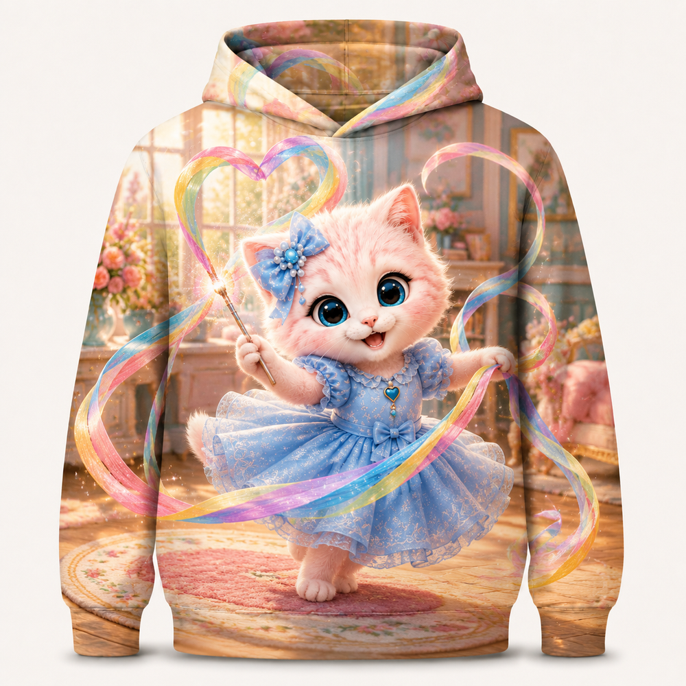 Ribbon Wand Twirl all-over print hoodie front view with Pink Kitten — The Fluffy Fam