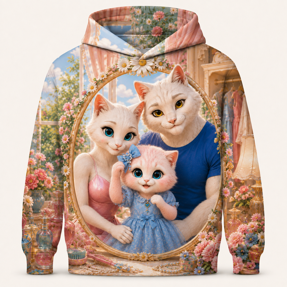 Mirror Bow Check all-over print hoodie front view with the whole cat family — The Fluffy Fam