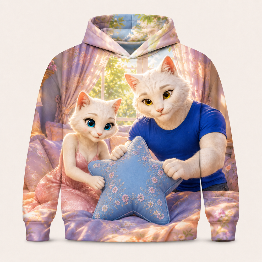Pillow Puff Greeting all-over print hoodie front view with Dad Cat and Mom Cat — The Fluffy Fam