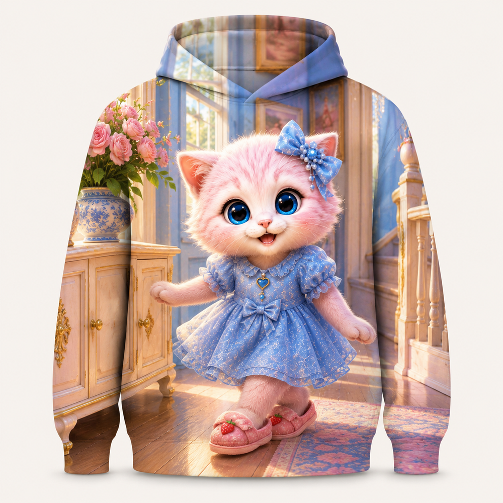 Slipper Hallway Glide all-over print hoodie front view with Pink Kitten — The Fluffy Fam