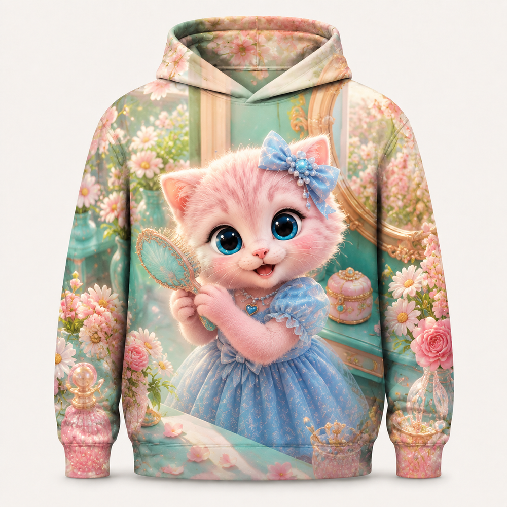 Morning Fur-Brush Glow all-over print hoodie front view with Pink Kitten — The Fluffy Fam