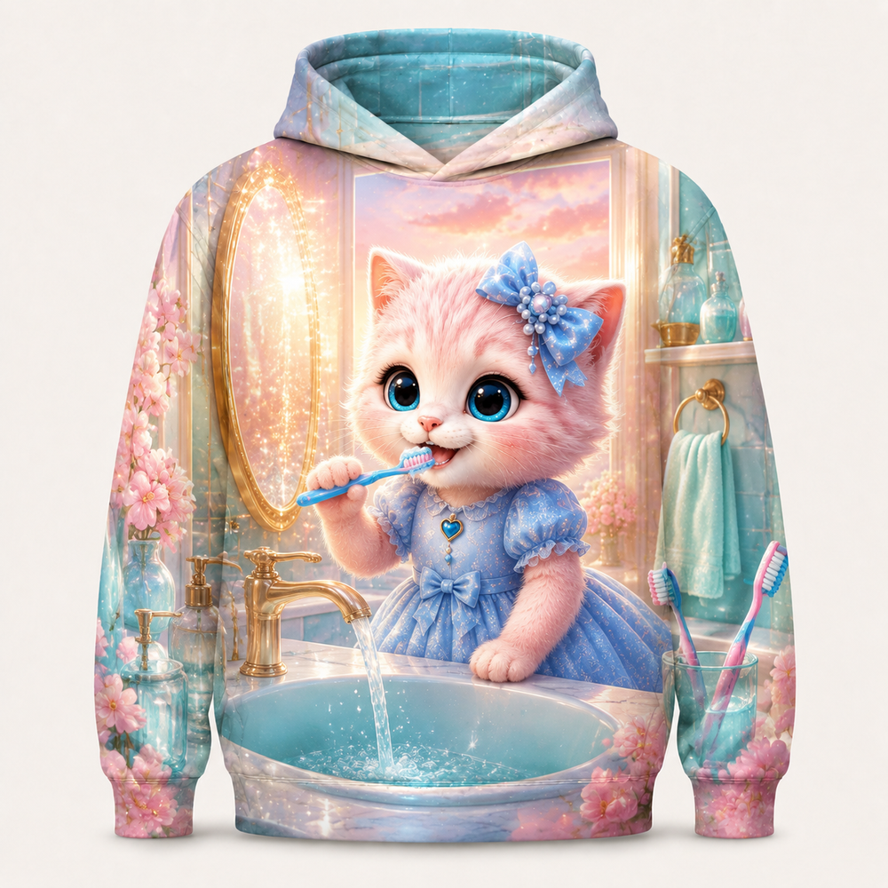 Toothbrush Mirror Rhythm all-over print hoodie front view with Pink Kitten — The Fluffy Fam