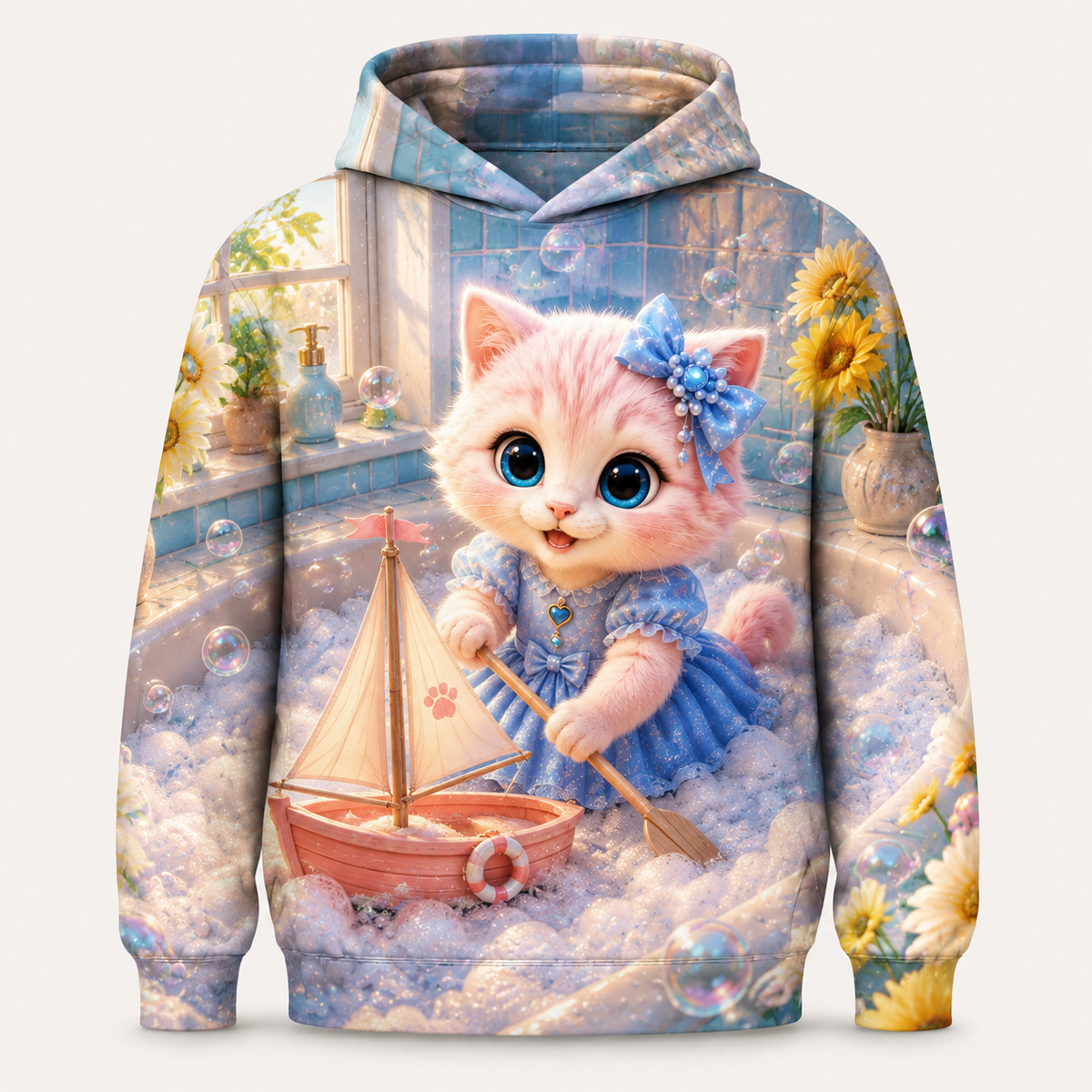 Bubble Bath Sail all-over print hoodie front view with Pink Kitten — The Fluffy Fam