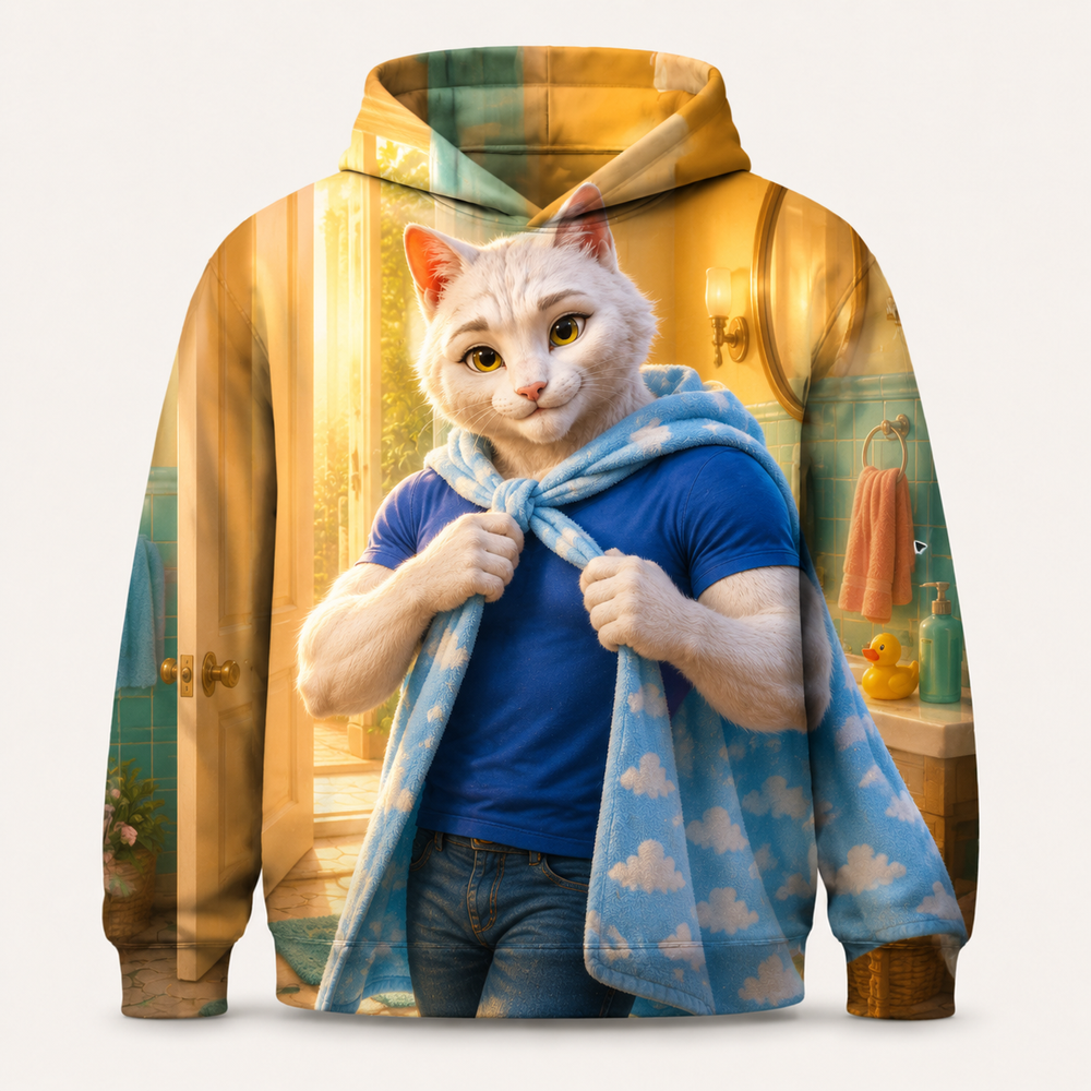 Towel Cape Dash all-over print hoodie front view with Dad Cat — The Fluffy Fam