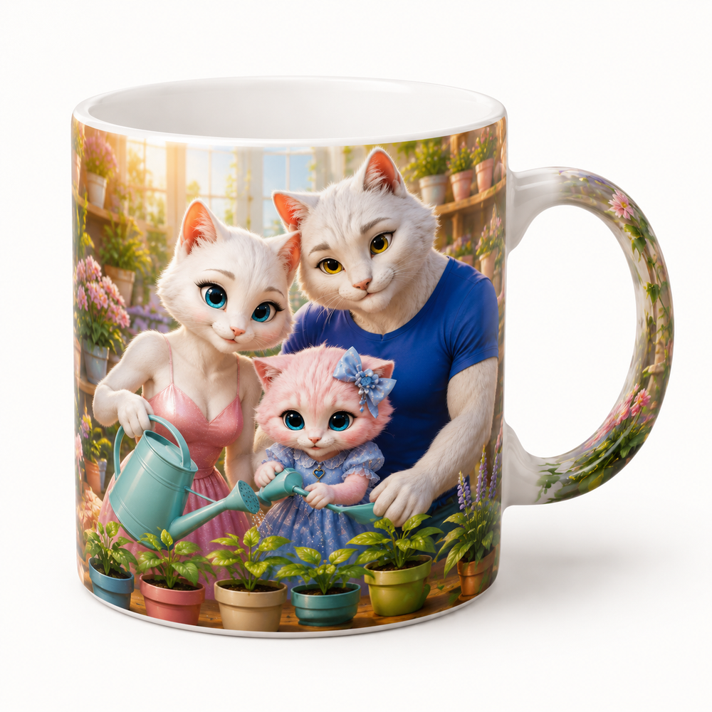Houseplant Watering Round ceramic mug front view with the whole cat family — The Fluffy Fam