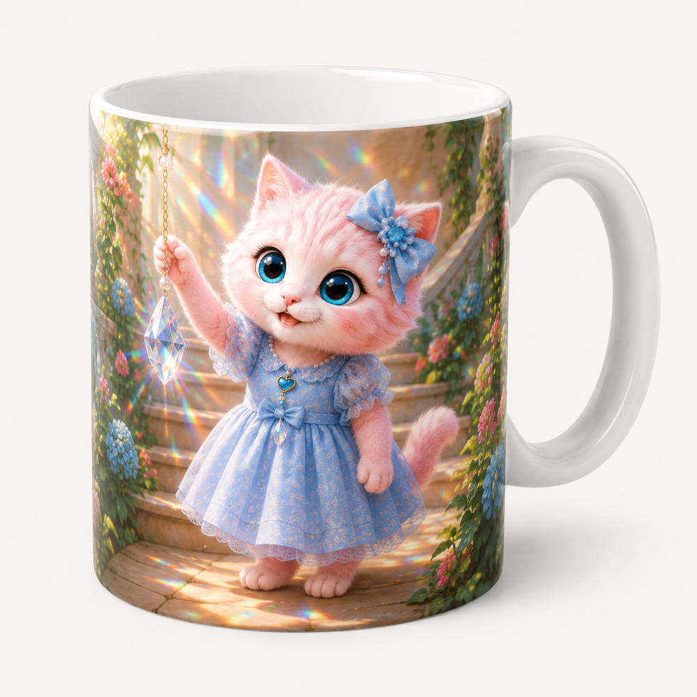 Window Prism Catch ceramic mug front view with Pink Kitten — The Fluffy Fam