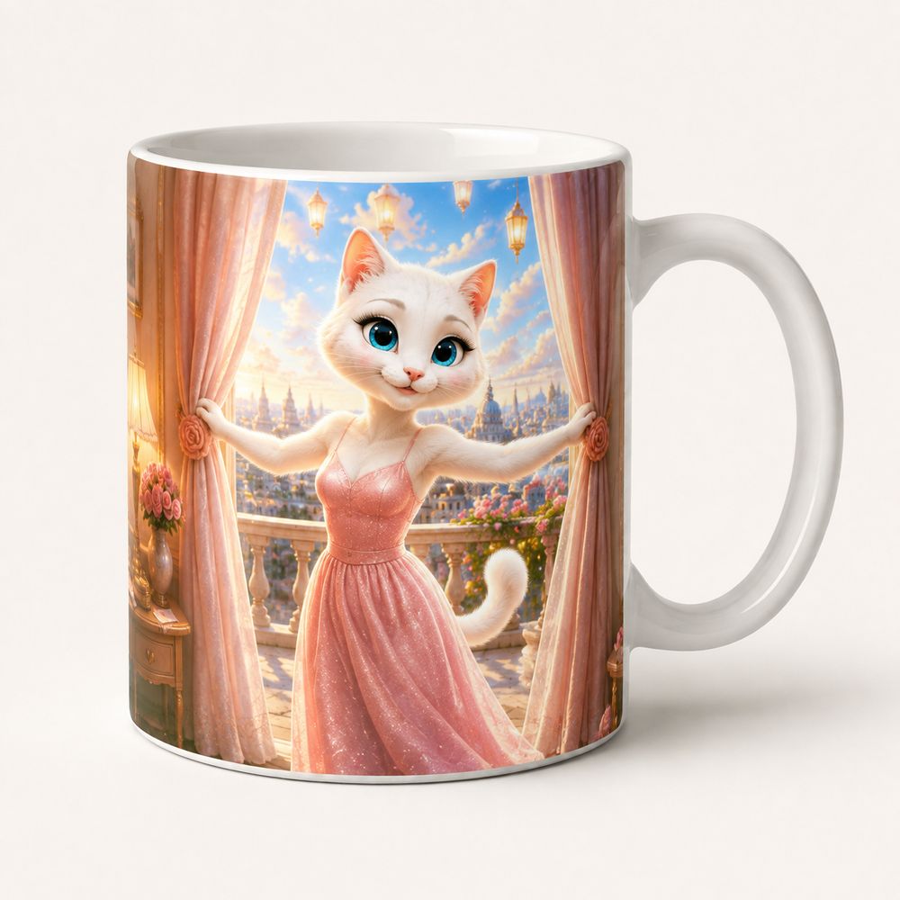 Curtain Morning Sweep ceramic mug front view with Mom Cat — The Fluffy Fam
