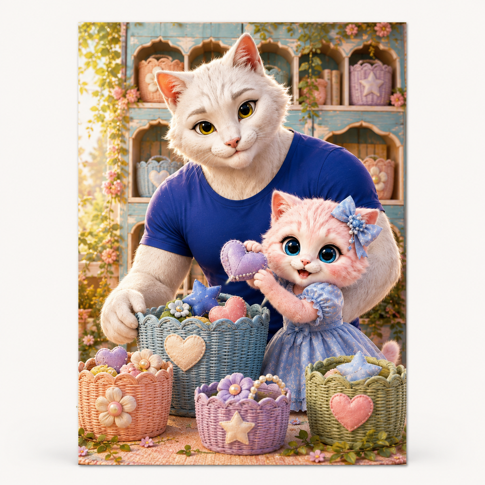 Cubby Treasure Tidy art print front view with Dad Cat and Pink Kitten — The Fluffy Fam