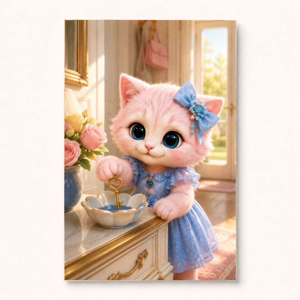 Key Bowl Homecoming art print front view with Pink Kitten — The Fluffy Fam