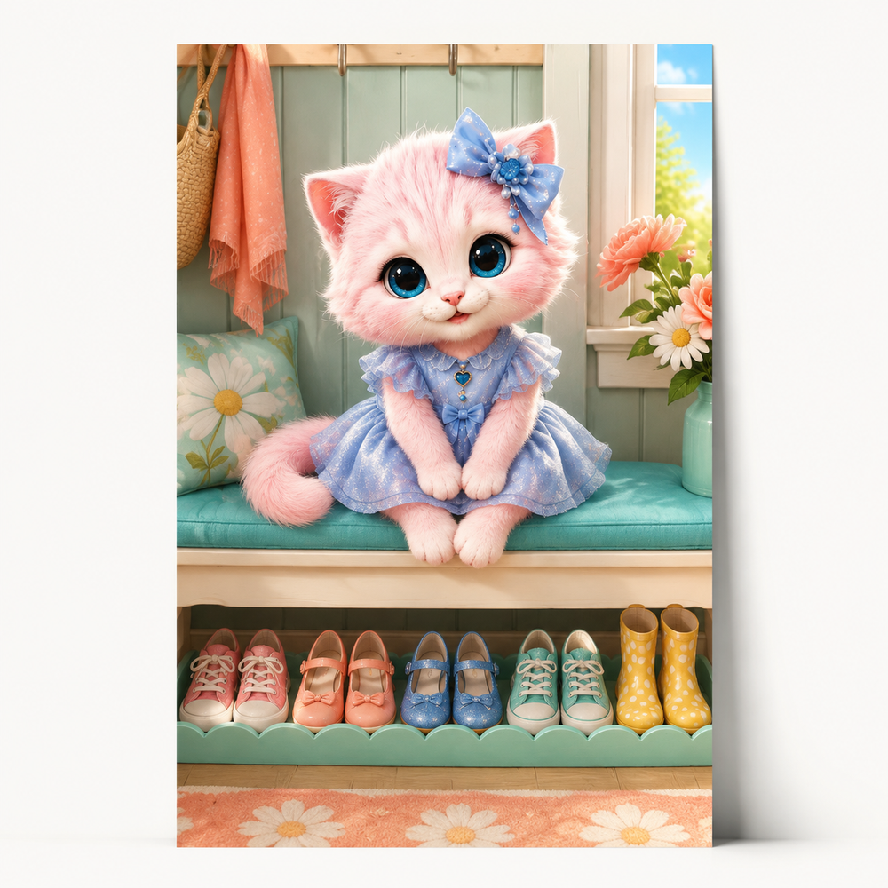 Shoe Pair Lineup art print front view with Pink Kitten — The Fluffy Fam