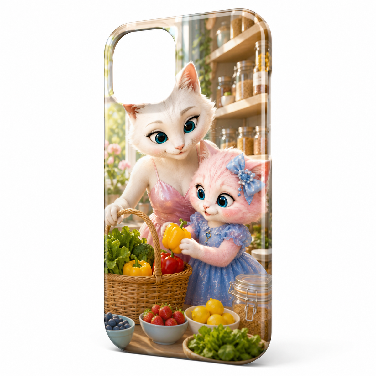 Market Basket Unpack phone case front view with Mom Cat and Pink Kitten — The Fluffy Fam