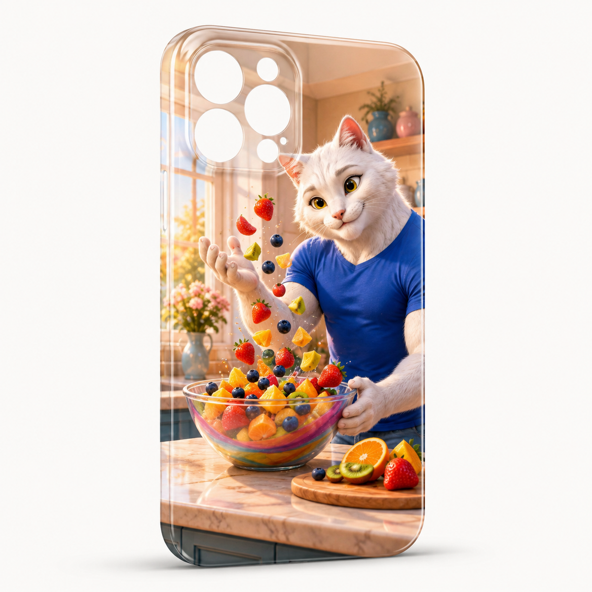 Fruit Salad Toss phone case front view with Dad Cat — The Fluffy Fam