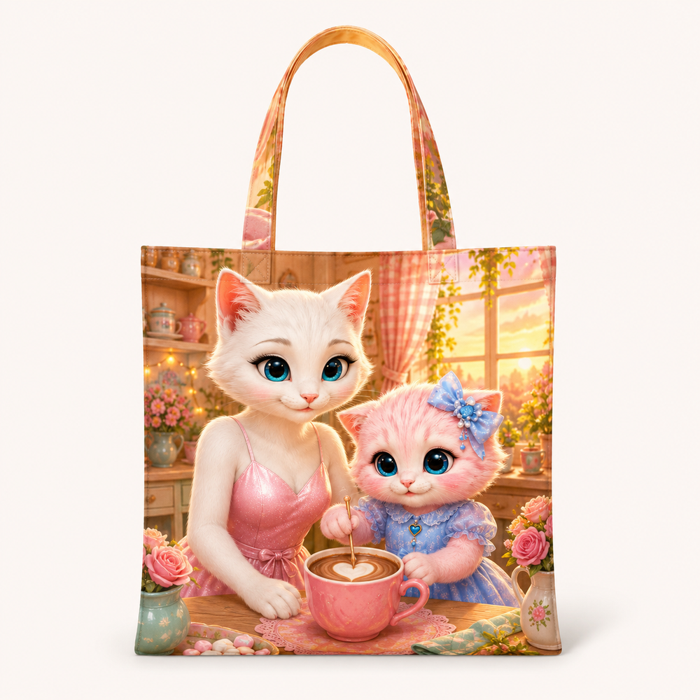 Cocoa Swirl Evening canvas tote bag front view with Mom Cat and Pink Kitten — The Fluffy Fam